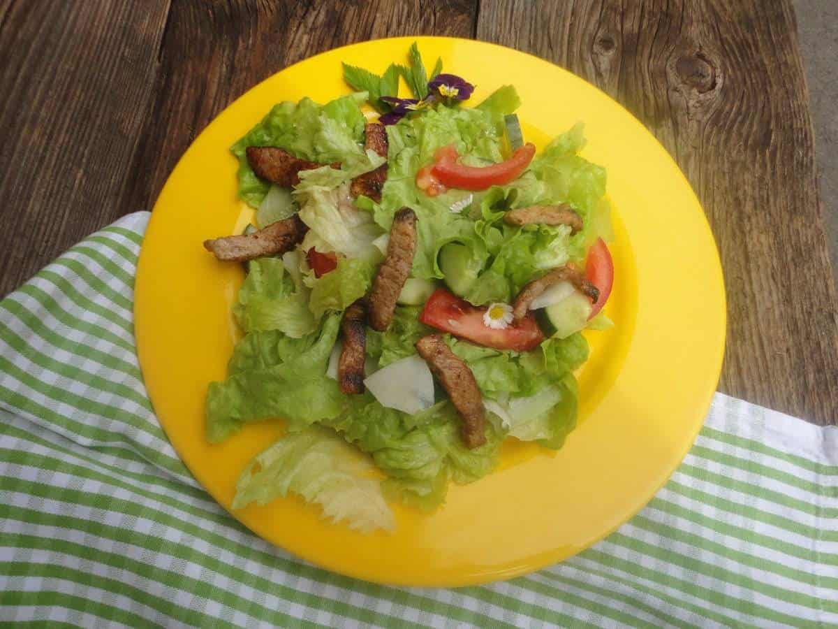 Bunter Salat mit gebratenen Hühnerbruststreifen  bei Salzburg schmeckt