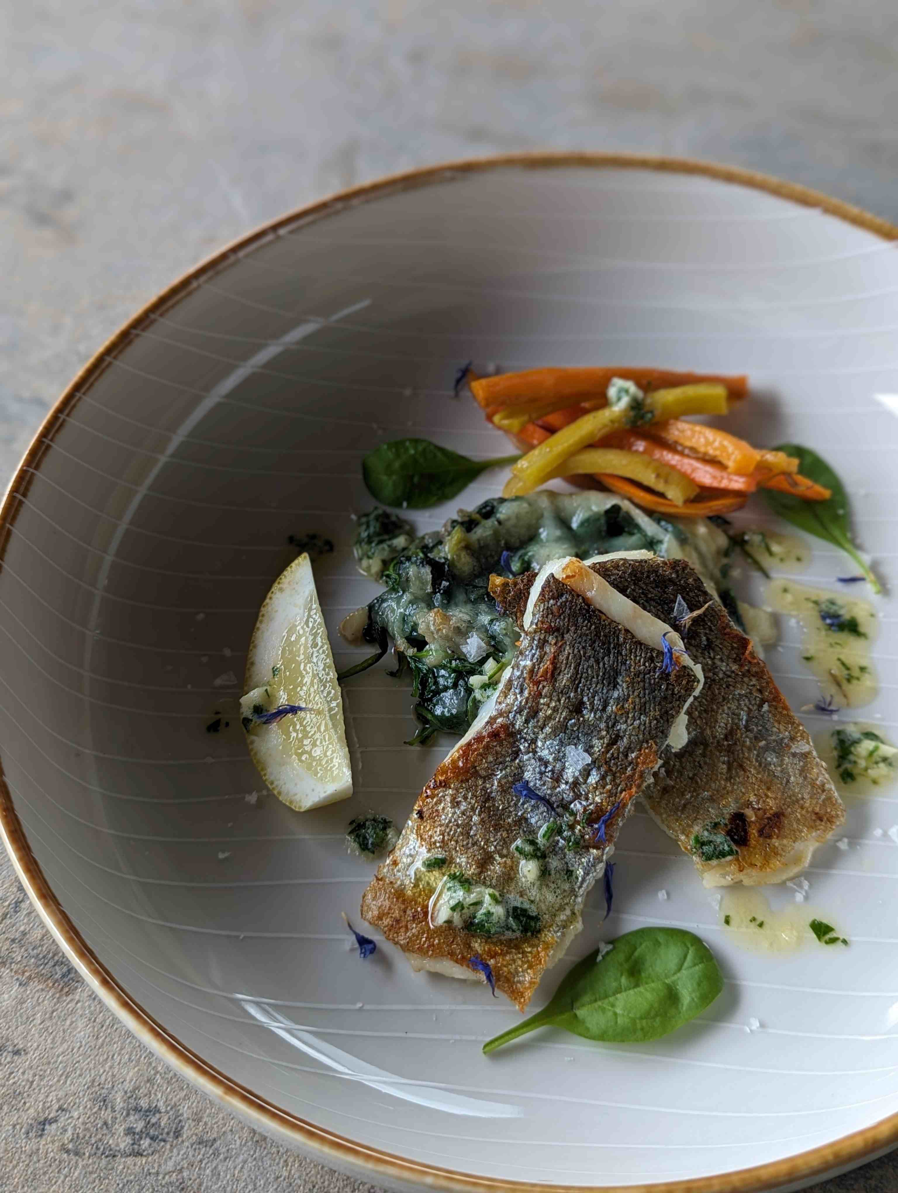 Fisch auf Spinat mit Bergkäse gratiniert und bunten Karottensticks bei Salzburg schmeckt