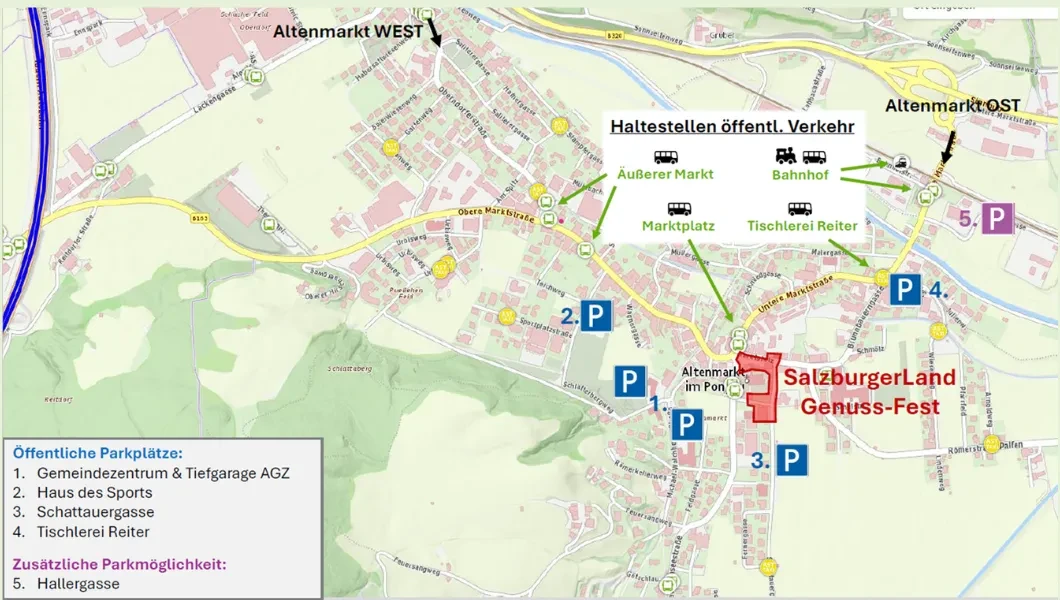 Plan Parkplätze und öffentliche Verkehrsmittel Altenmarkt