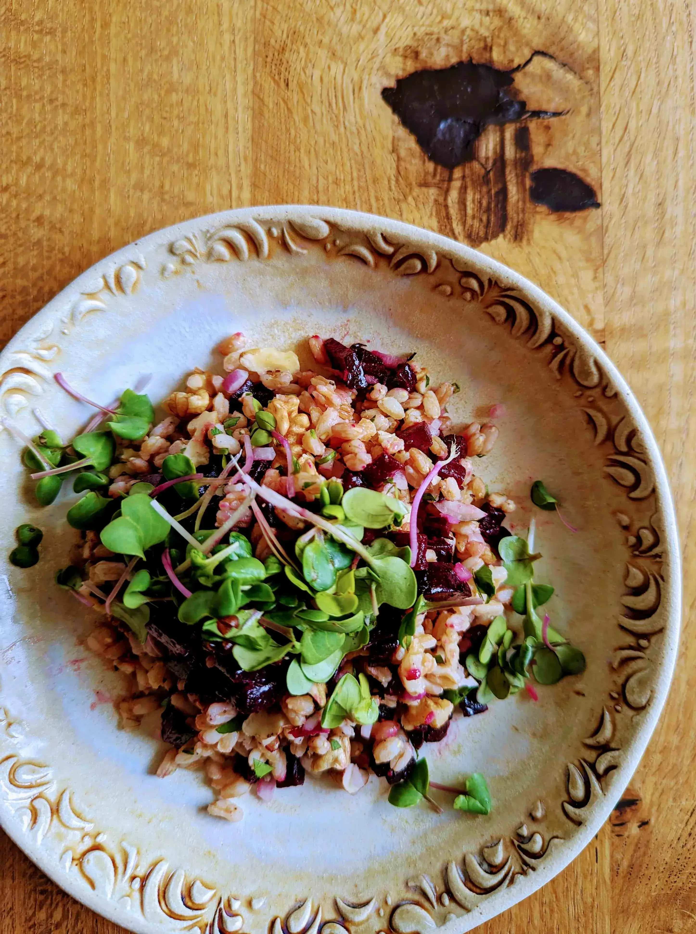 Dinkelreissalat mit Roter Beete Walnuss Sprossen