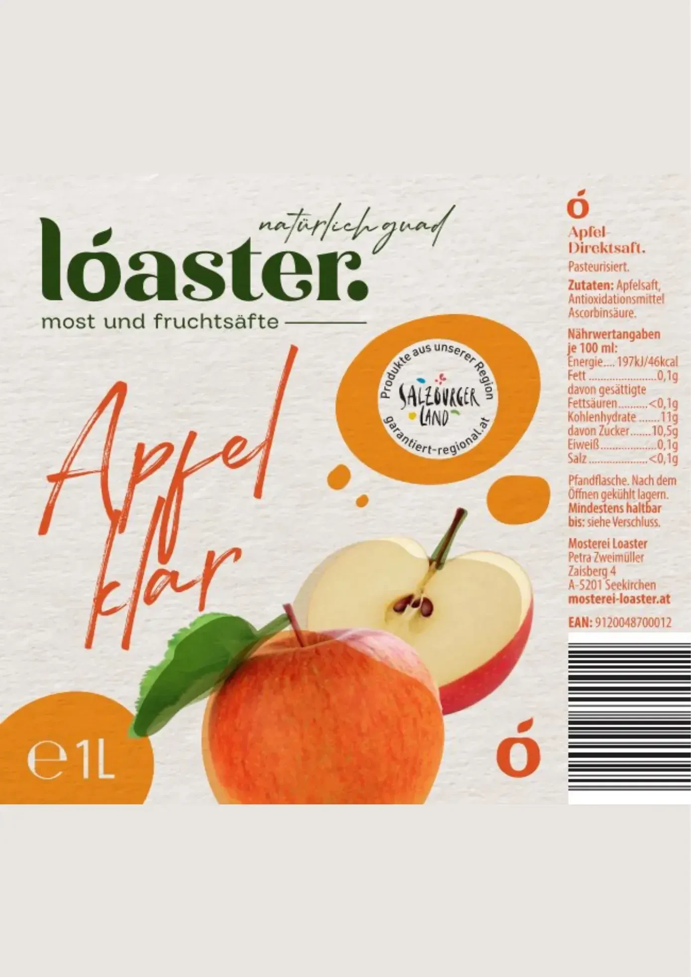 Apfelsaft klar Etikett der Mosterei Loaster