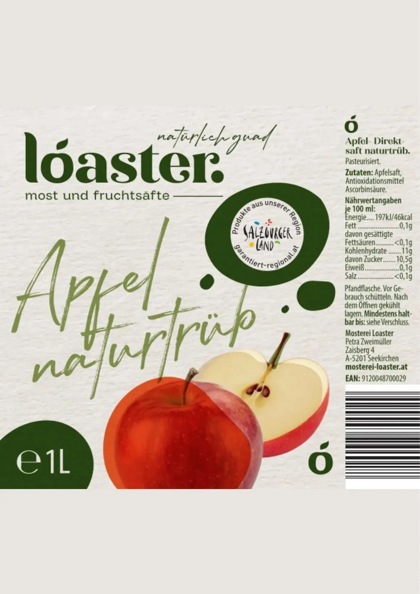 Apfelsaft naturtrüb Etikett der Mosterei Loaster