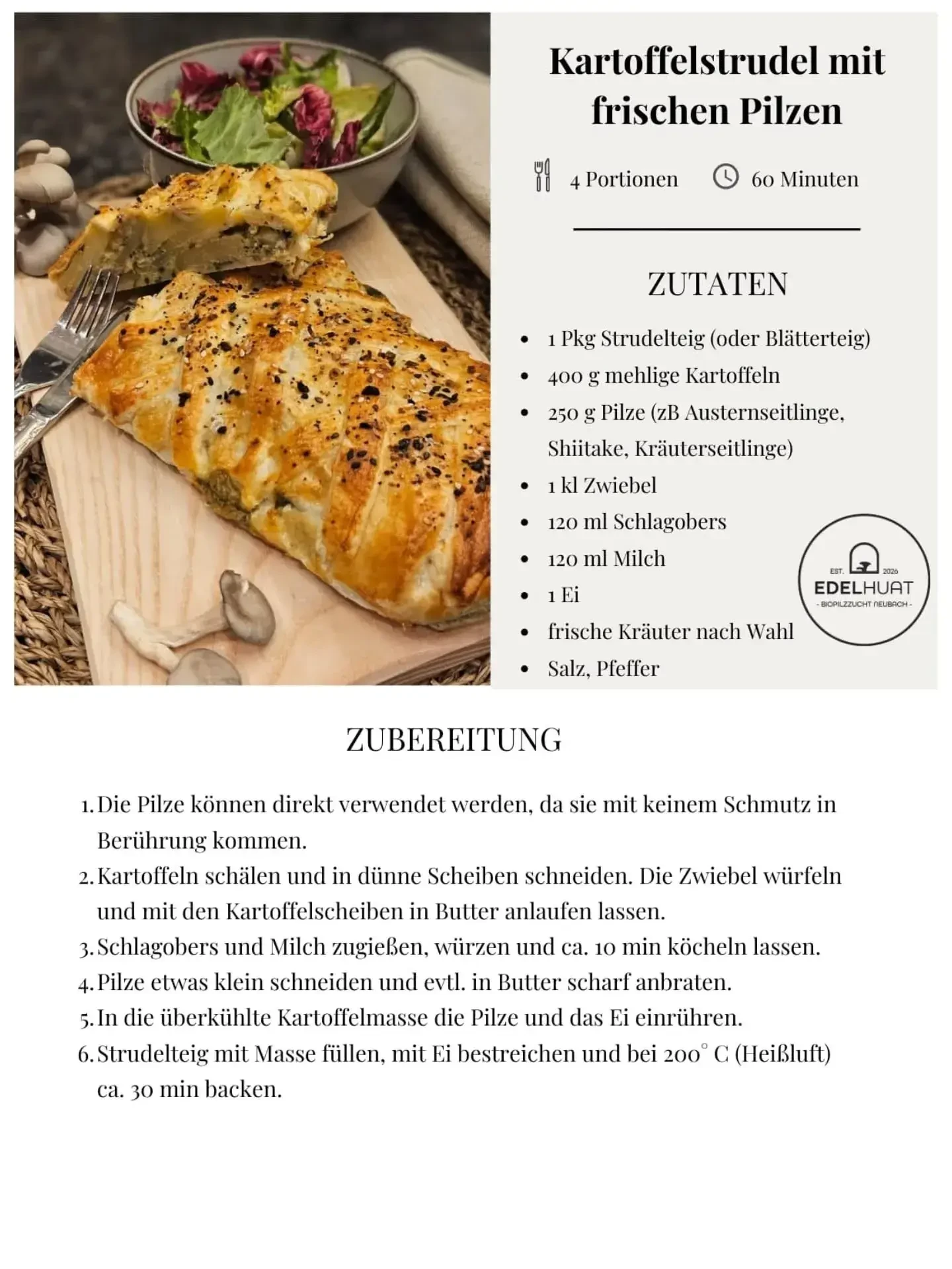 Rezept Kartoffelstrudel mit frischen Pilzen Rezept von Biopilz ProduzentEdelhuat