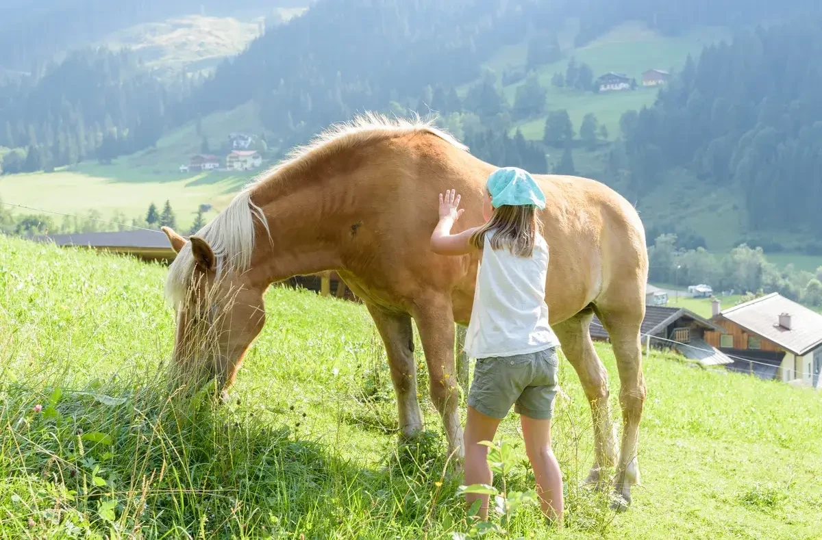 Mädchen mit Pferd auf Wiese