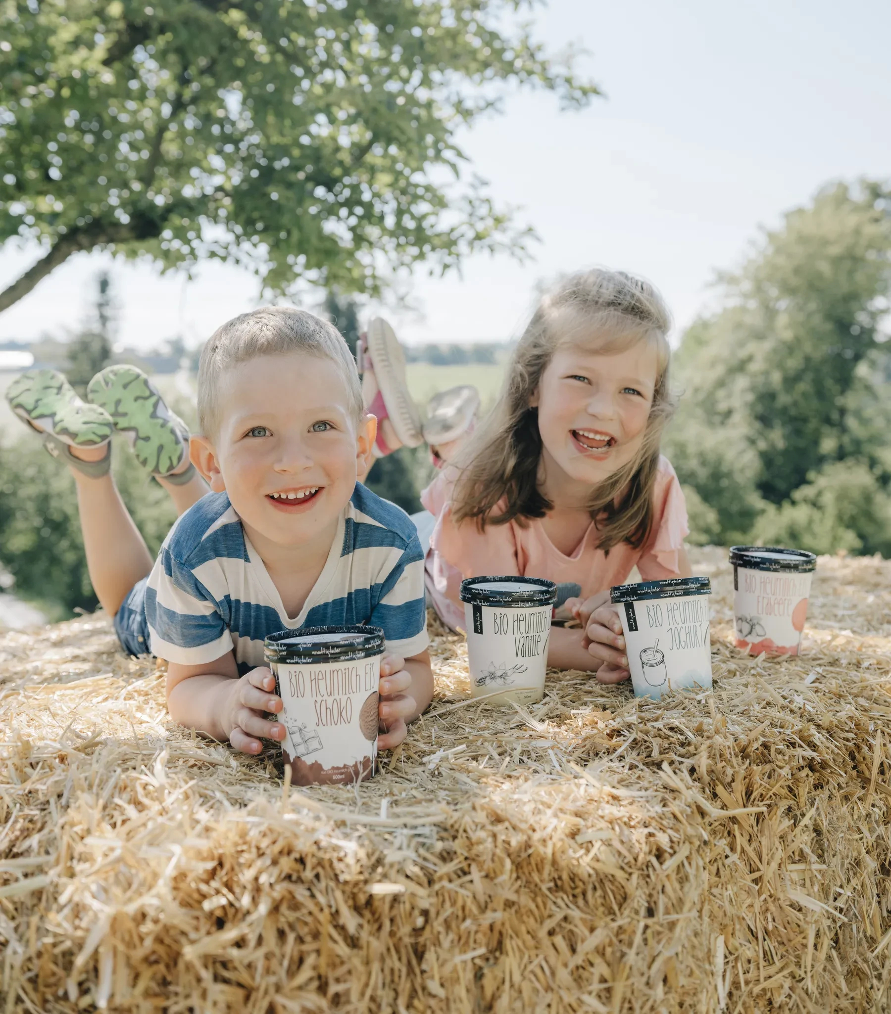 Kinder mit Eis auf Strohballen