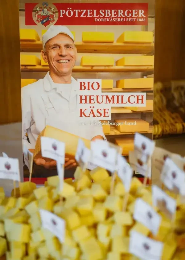 Käserei Pötzelsberger - Werbetafel und aufgeschnittene Käsewürfel